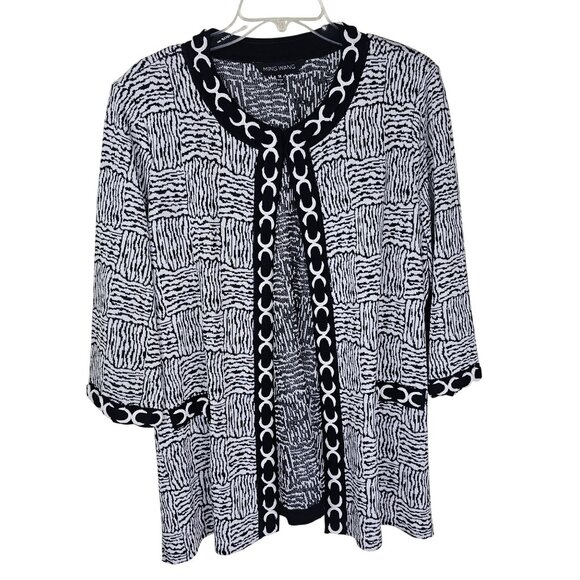 Ming Wang Open Hook Cardigan Topper 1X Black & White 3/4 Sleeve Geometric Artsy - Picture 1 of 11